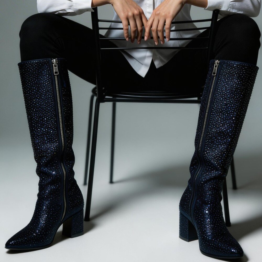 Wet Kiss Black Rhinestone Heeled Boots in many sizes avail